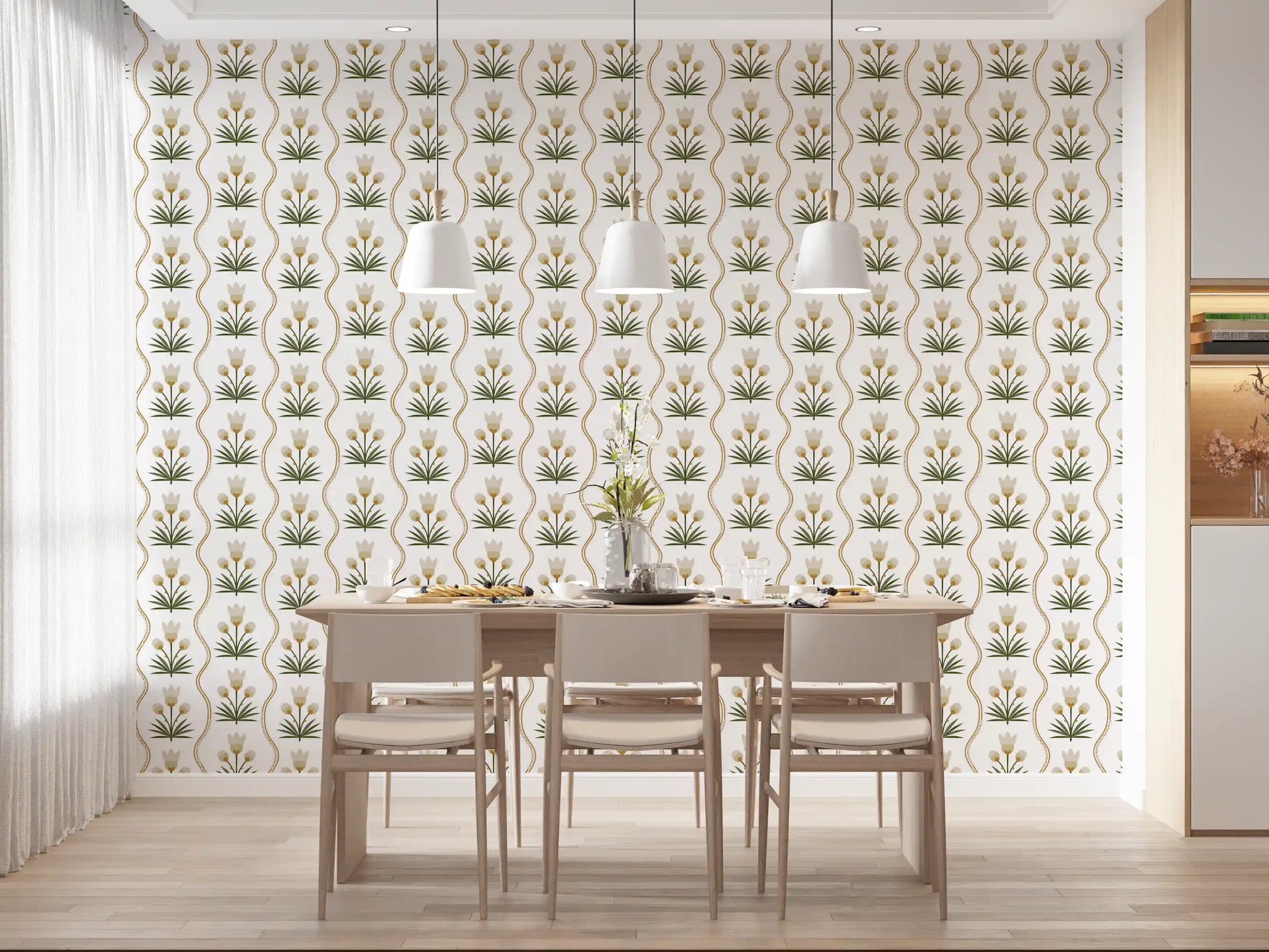 Dining room covered in tulip motif wallpaper with palm leaves
