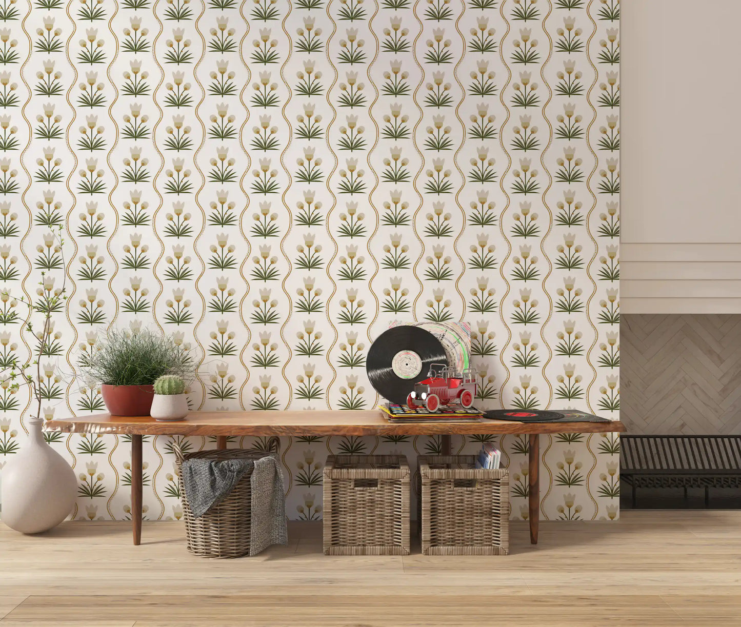 White ground wallpaper with cream blooms, olive fans, and mustard bead detail