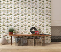 White ground wallpaper with cream blooms, olive fans, and mustard bead detail