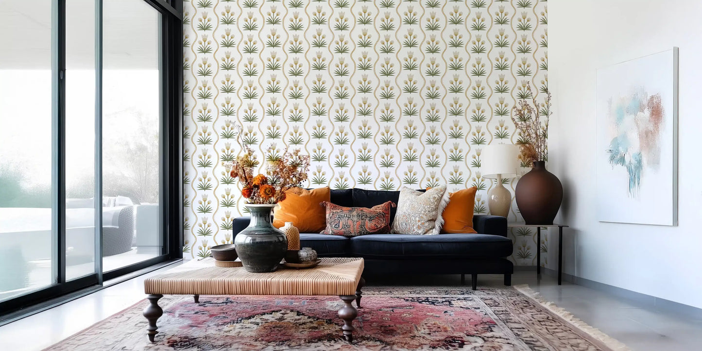Living room clad in minimalist tulip wallpaper with olive palm fans