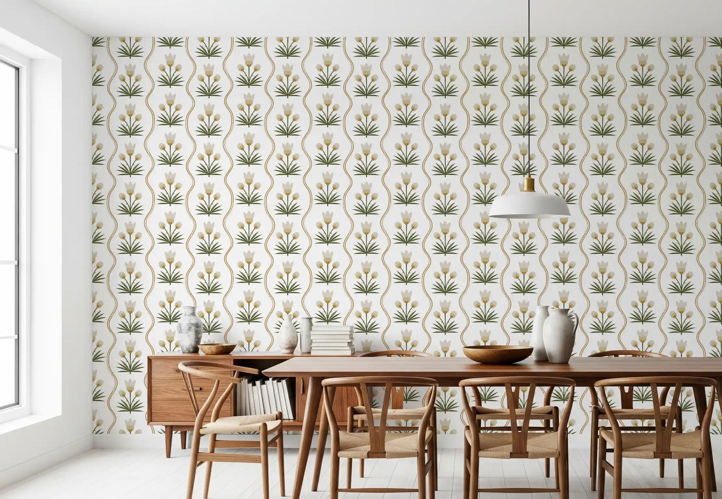 Minimalist tulip wallpaper showing olive leaves and warm gold accent lines