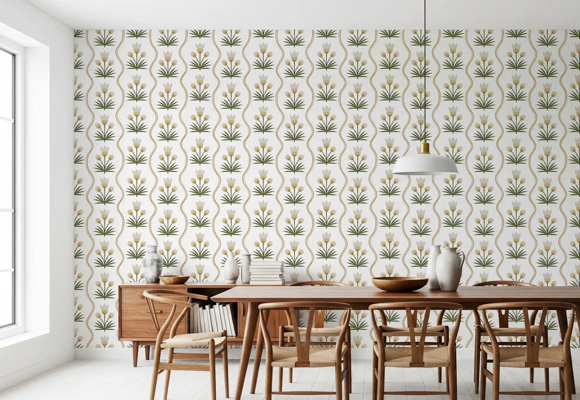 Minimalist tulip wallpaper showing olive leaves and warm gold accent lines