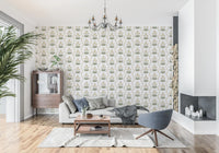 Living room finished in cream and olive floral wallpaper with gold detail