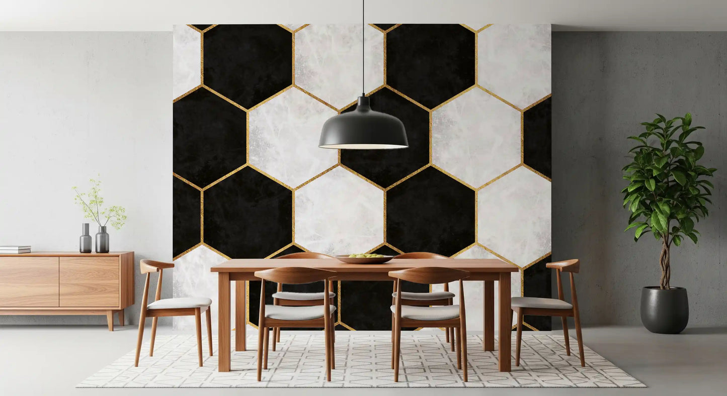 Geometric hexagon wall mural with matte black tiles and marble-textured white shapes