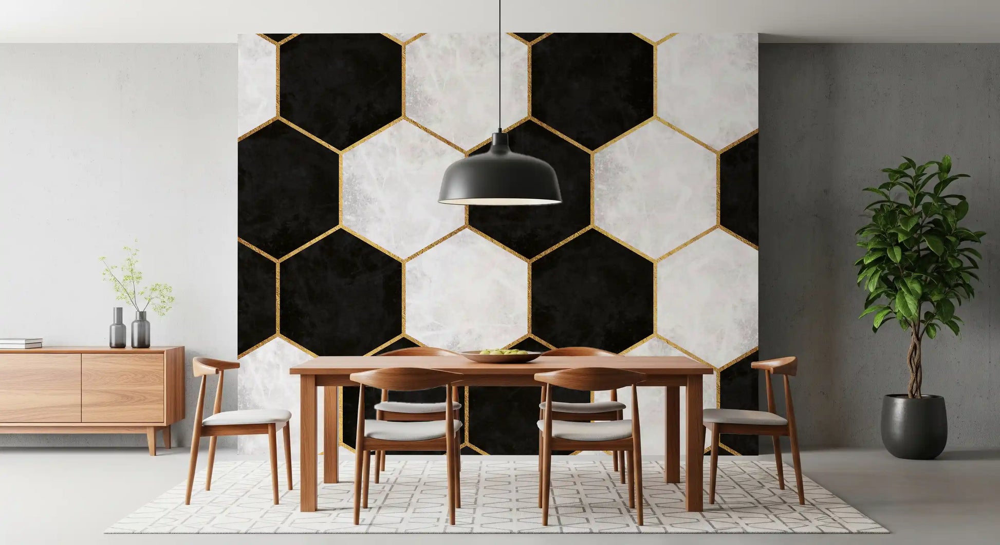 Geometric hexagon wall mural with matte black tiles and marble-textured white shapes