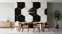 Geometric hexagon wall mural with matte black tiles and marble-textured white shapes
