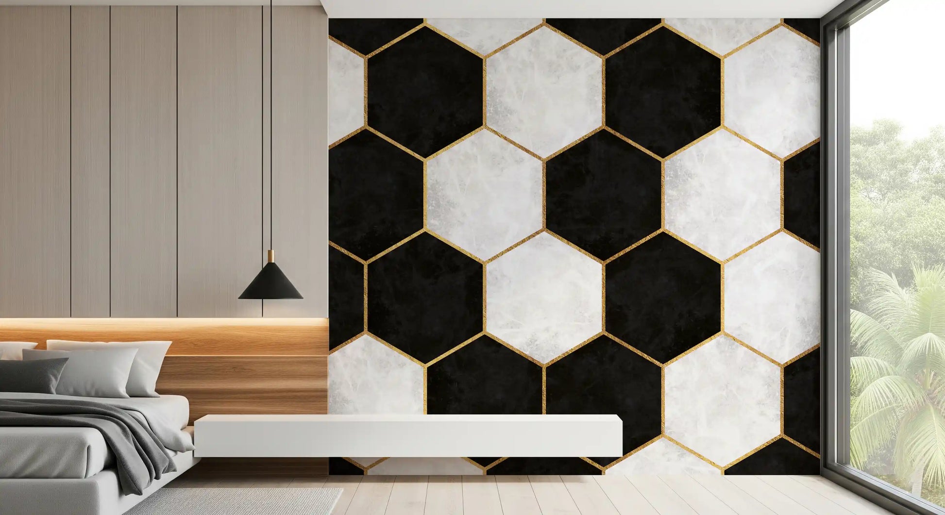 Hexagonal wall mural pattern with crisp black contrast and metallic gold detailing
