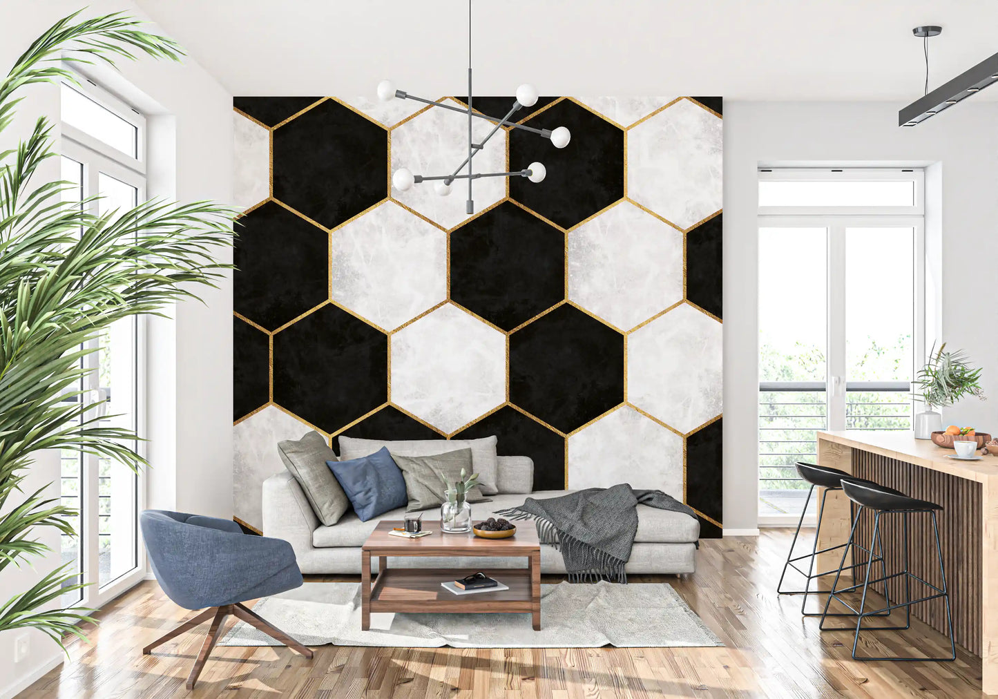 Marble and gold hexagonal mural detailing a modern Living-dining room