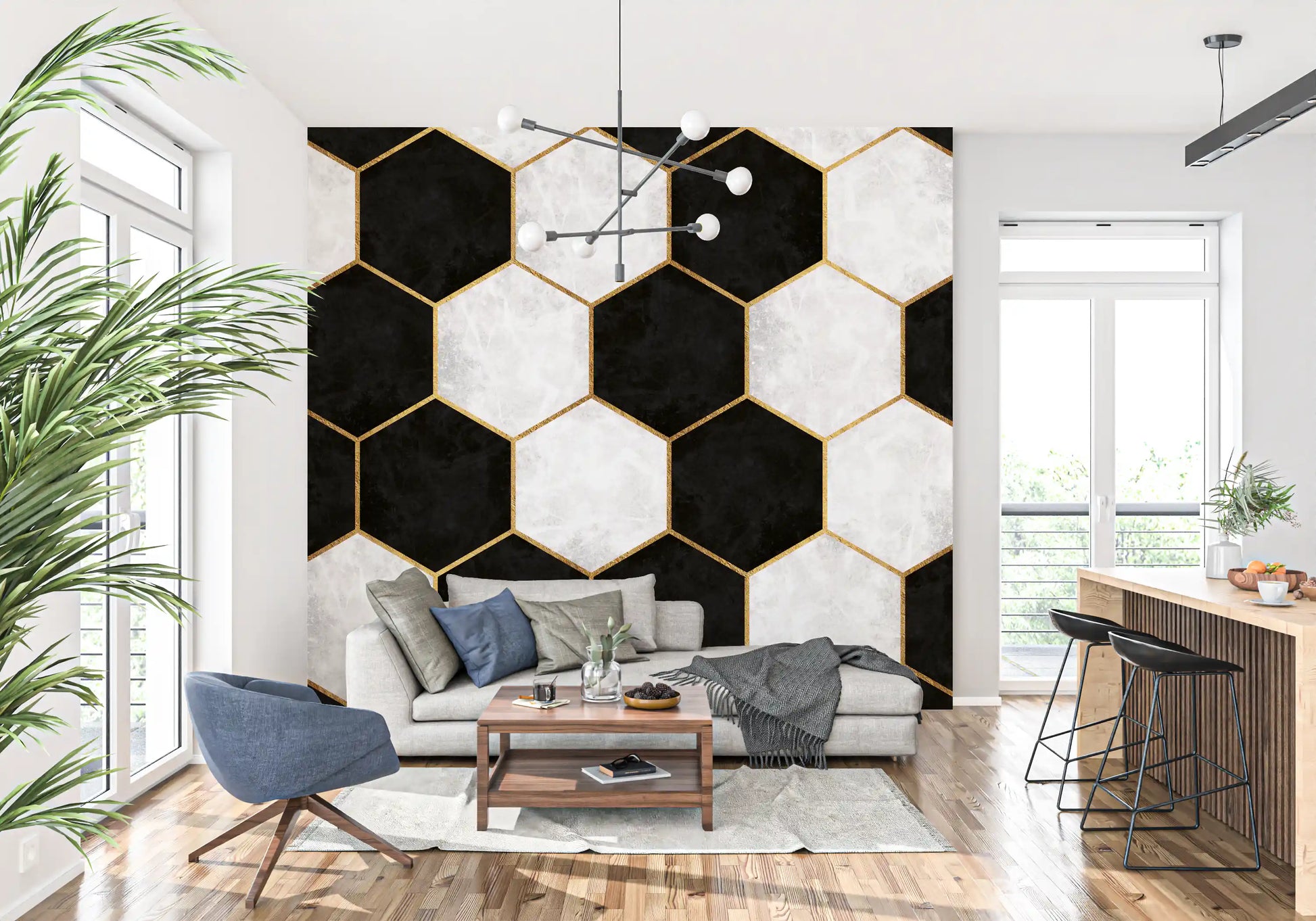 Marble and gold hexagonal mural detailing a modern Living-dining room