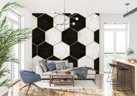 Marble and gold hexagonal mural detailing a modern Living-dining room