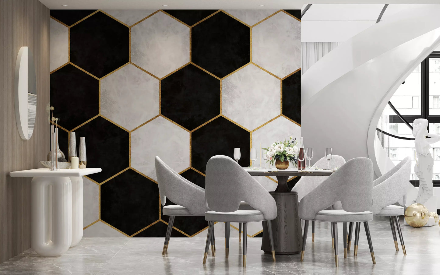 Geometric hexagon mural styled across an open-plan living and dining area