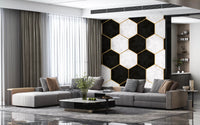 Marble hexagon mural bringing geometric pattern into a lounge
