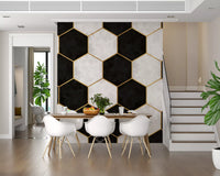 Bold honeycomb mural pattern in inky black, marble white and warm gold linework