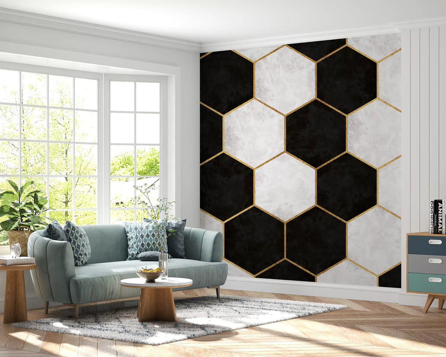 Luxe hexagon mural creating a feature wall along a bright hallway