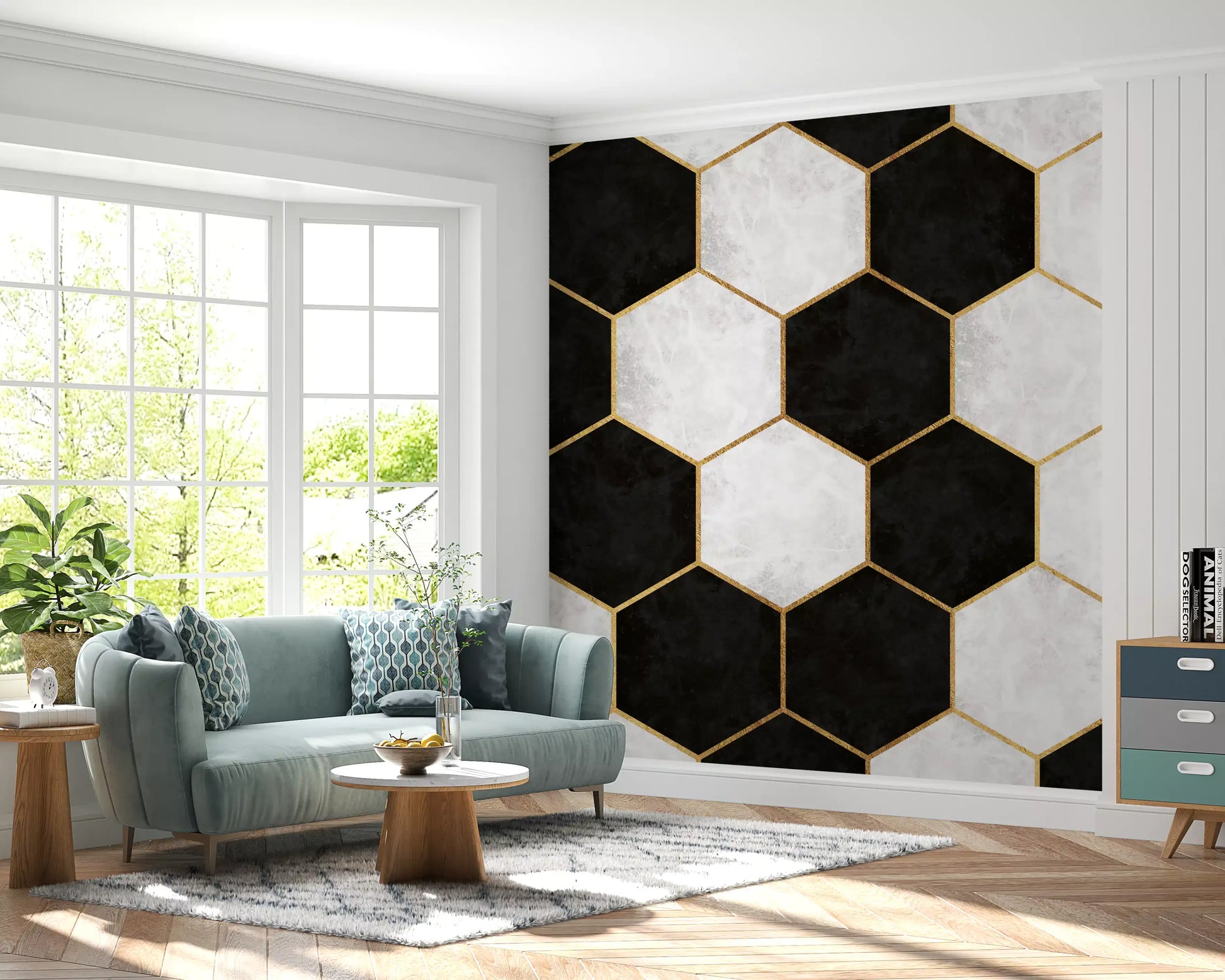 Luxe hexagon mural creating a feature wall along a bright hallway