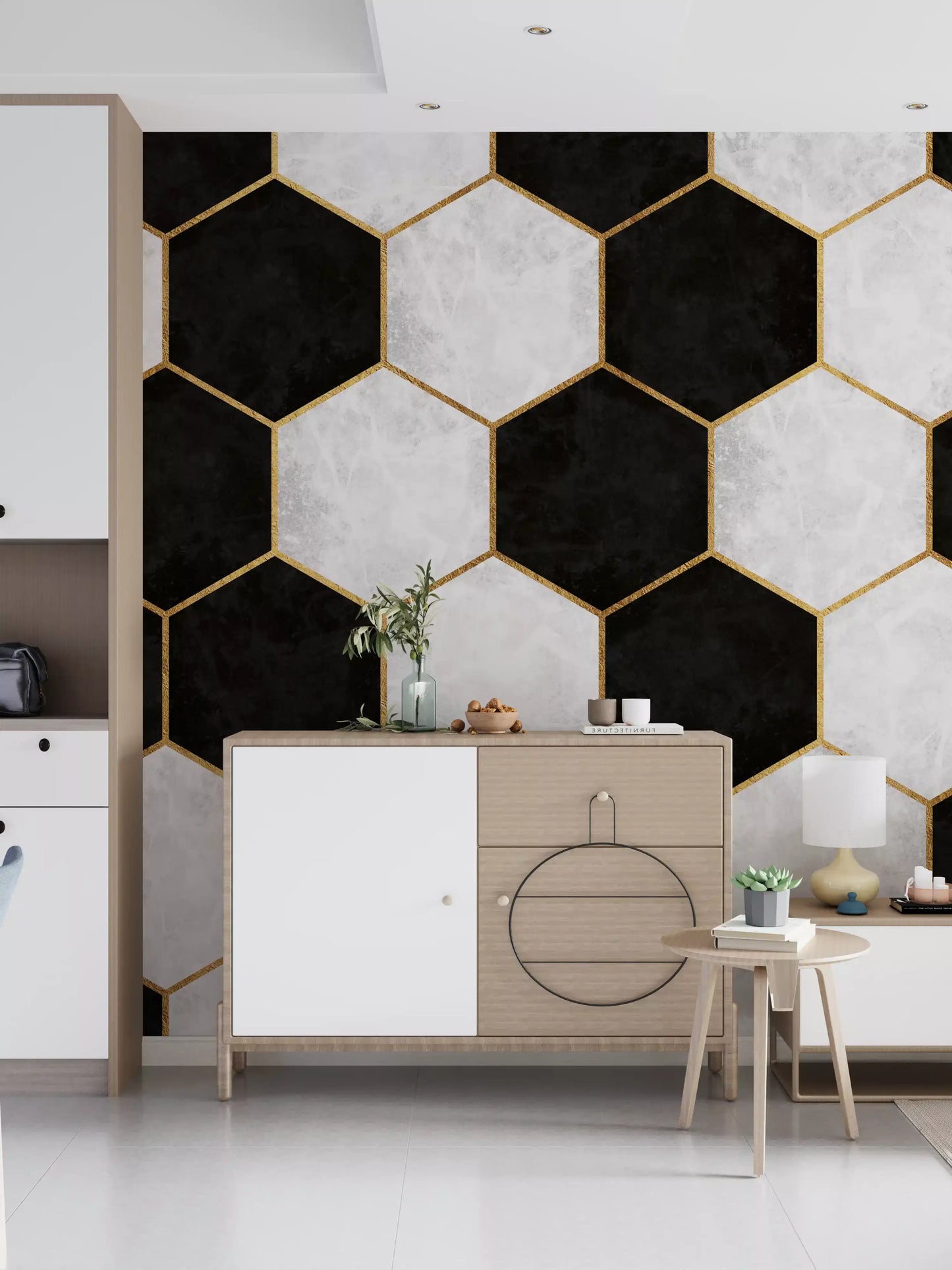 Marble-textured hexagons outlined in gold across a repeating wall mural surface