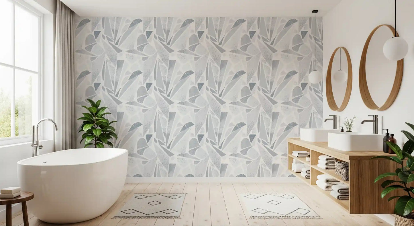 Slim triangles and shards layer across Fragmented Grayscale Mosaic wallpaper.