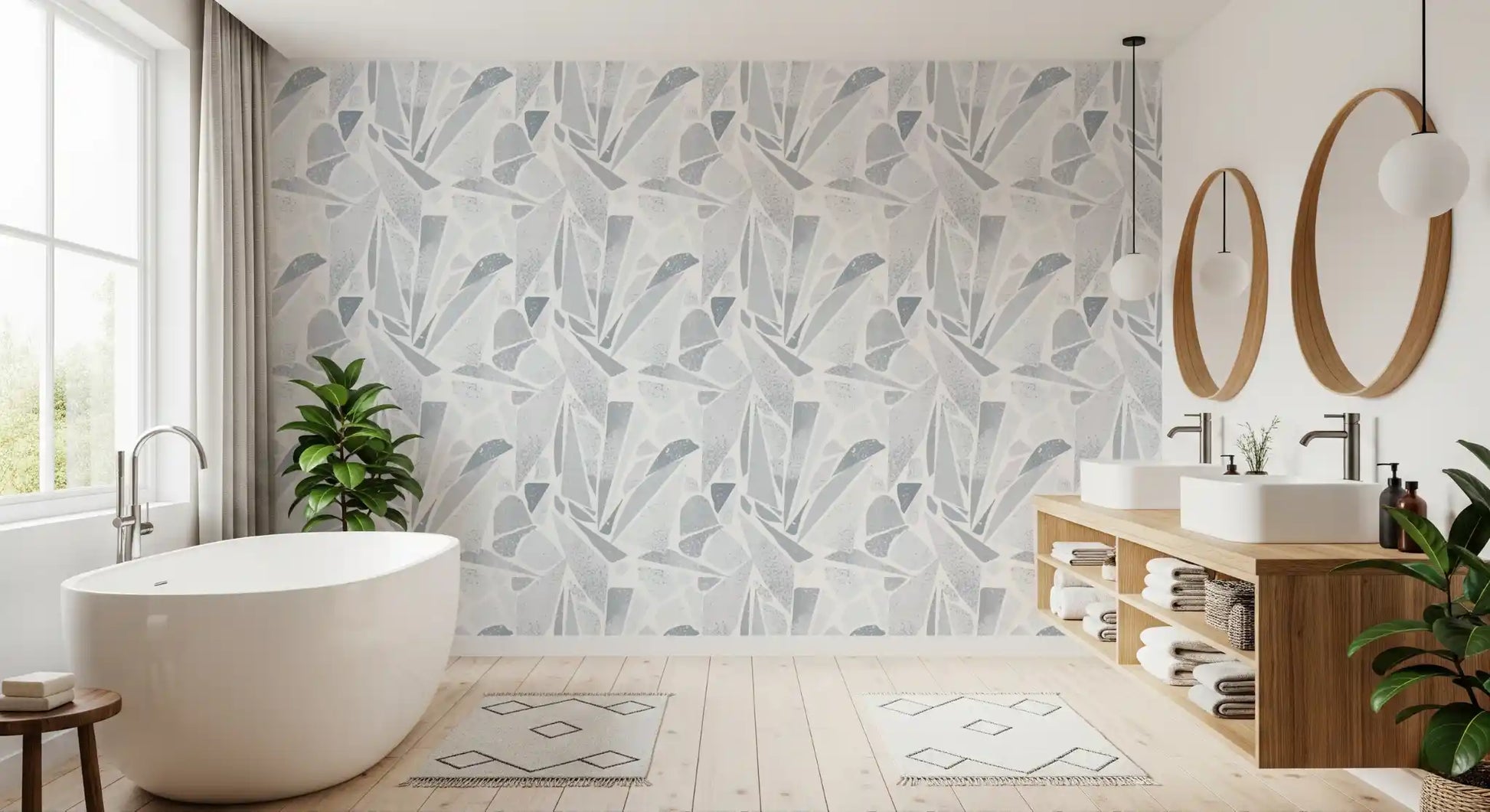 Slim triangles and shards layer across Fragmented Grayscale Mosaic wallpaper.