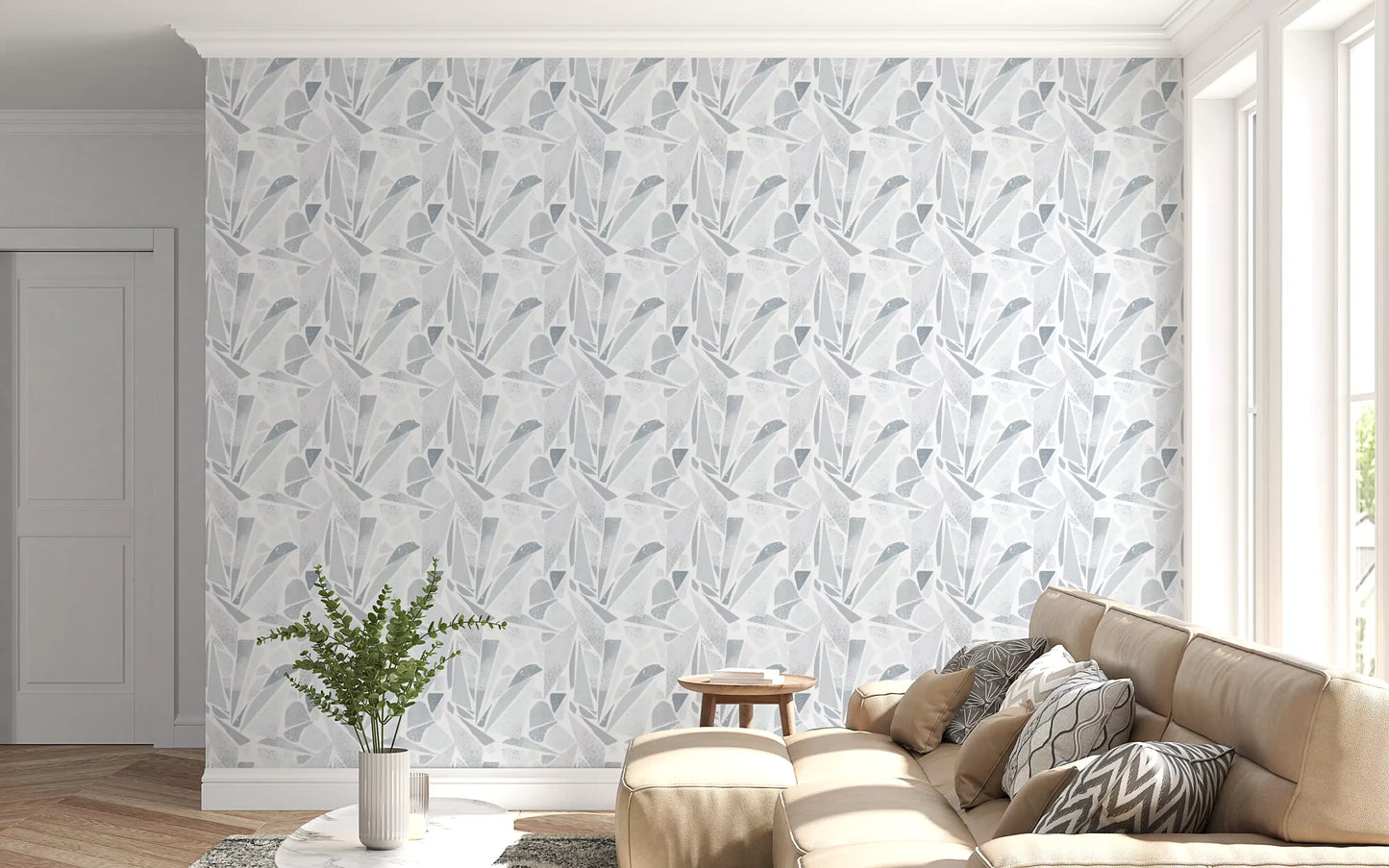 Pale mosaic forms cool the Living room with Grayscale Mosaic wallpaper.
