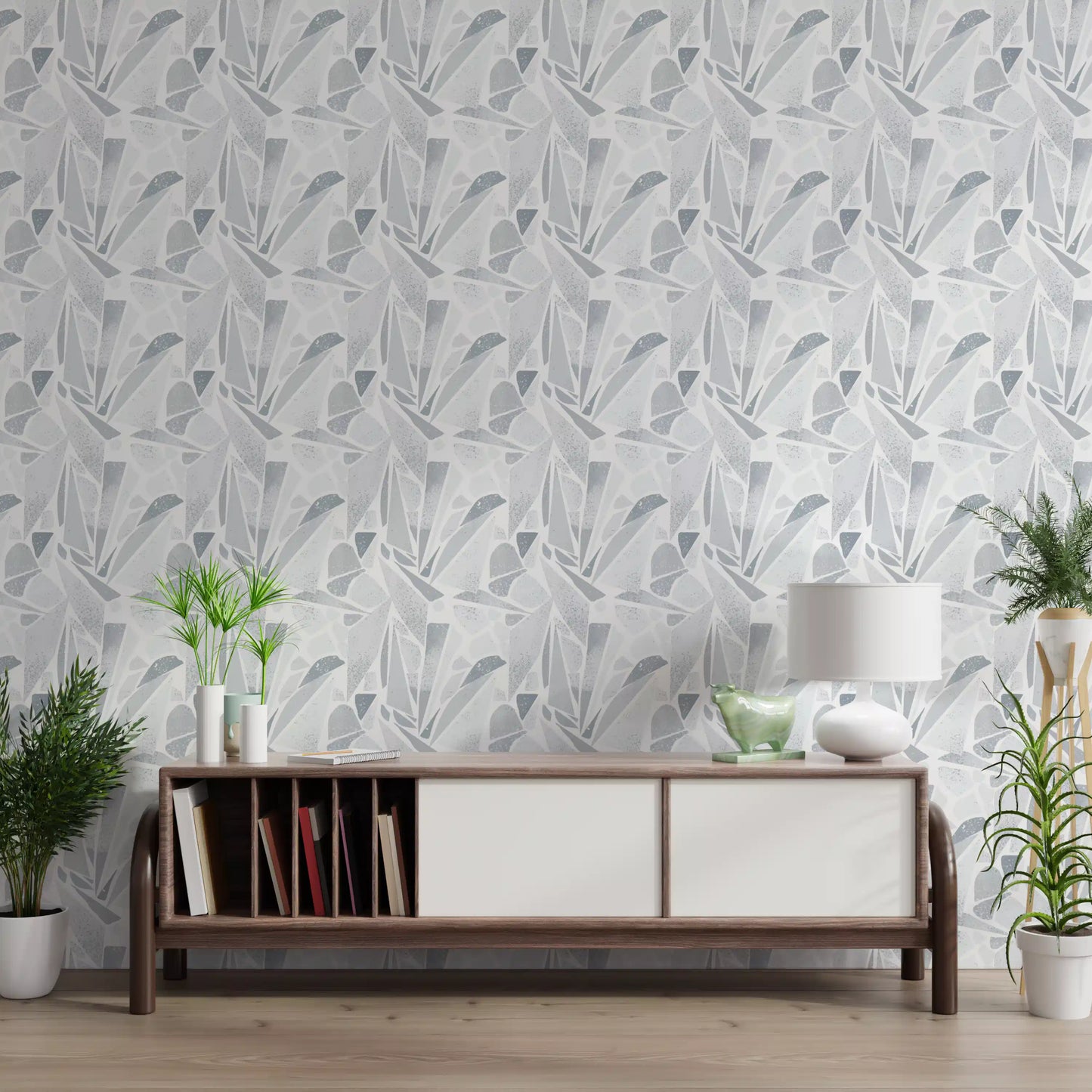 Cool gray tones intersect with white gaps on Fragmented Mosaic wallpaper.