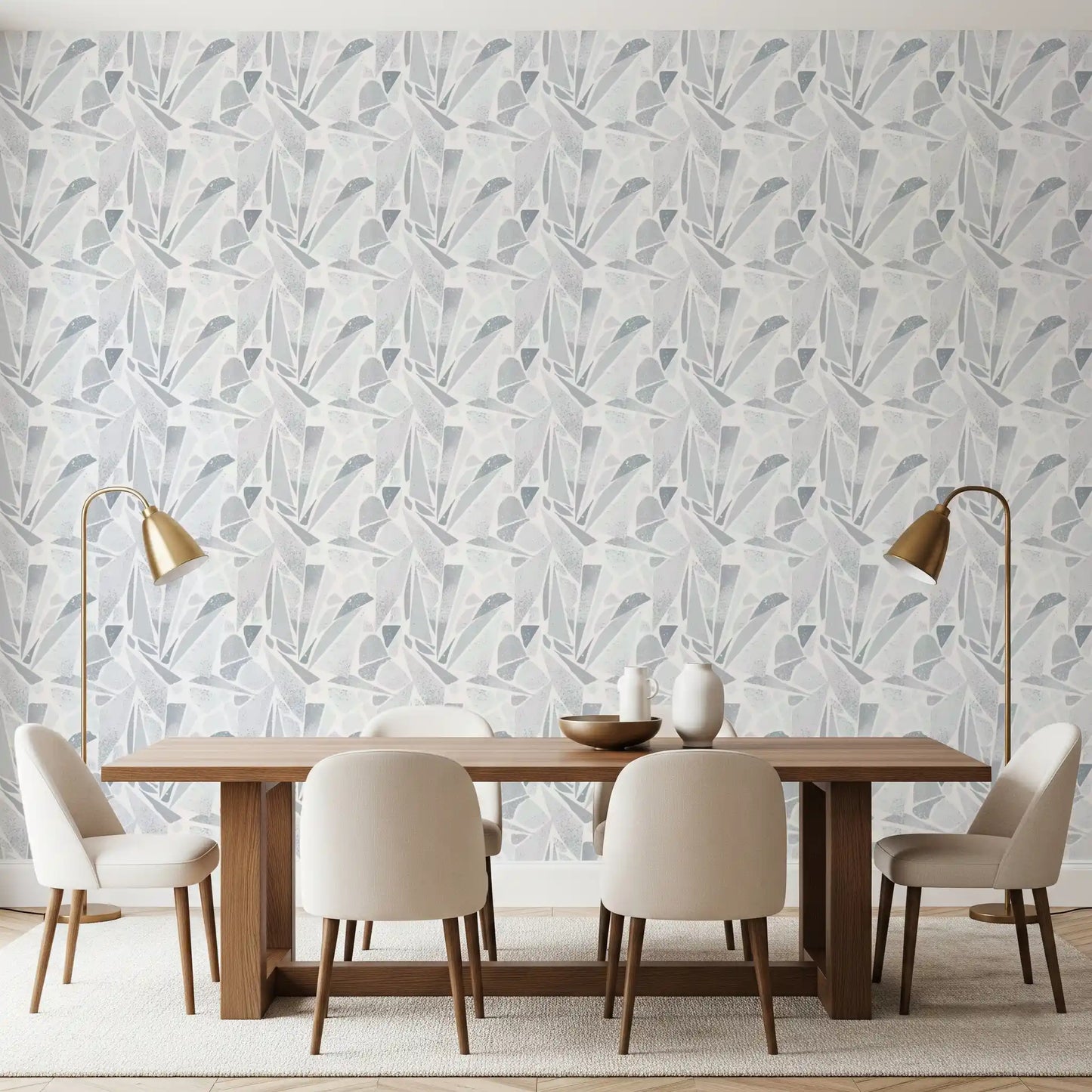 Mosaic fragments scatter behind the dining room with this Fragmented wallpaper.