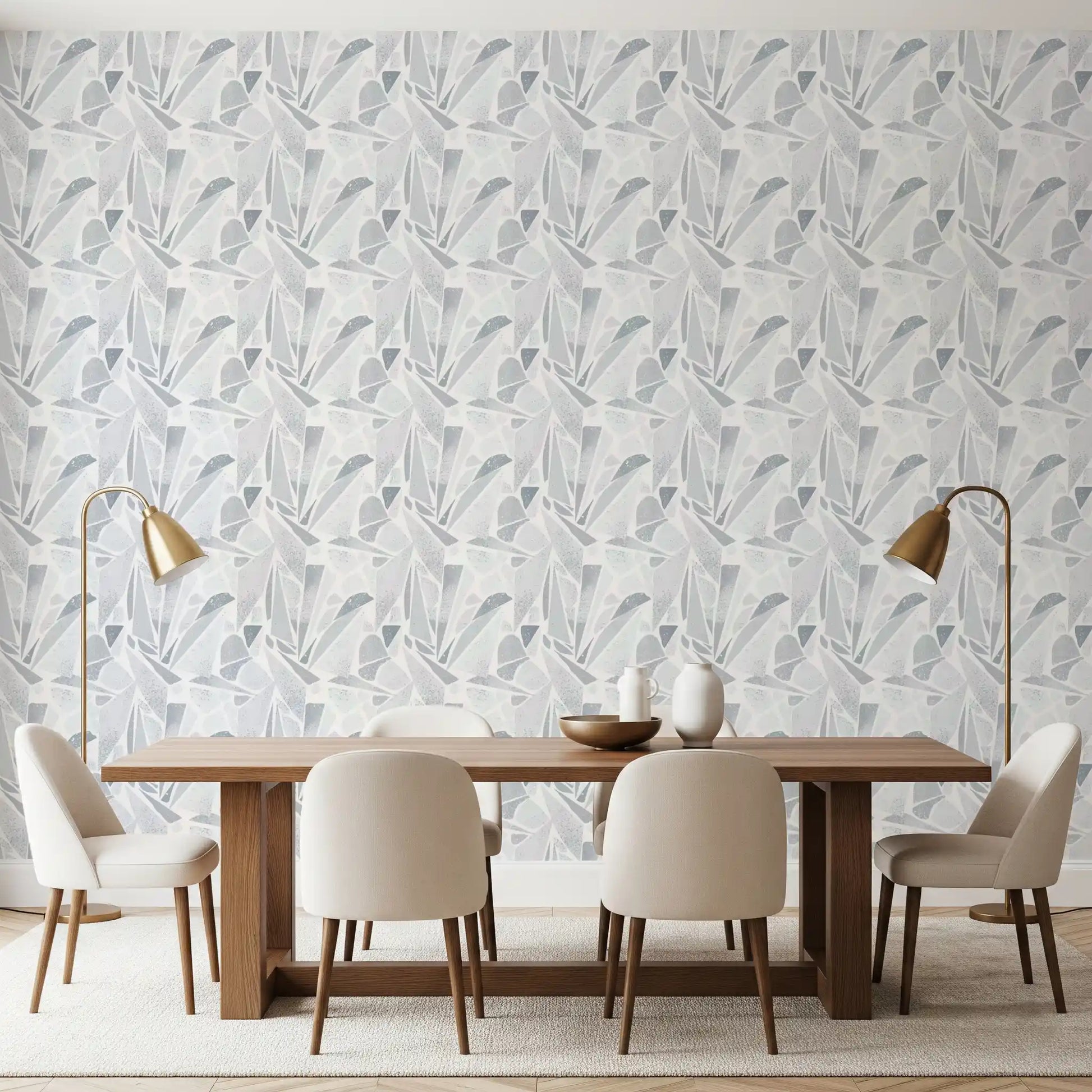 Mosaic fragments scatter behind the dining room with this Fragmented wallpaper.