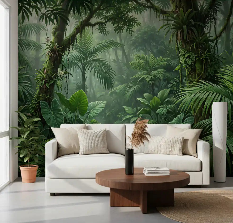 Living room with emerald forest trail wall mural on full backdrop