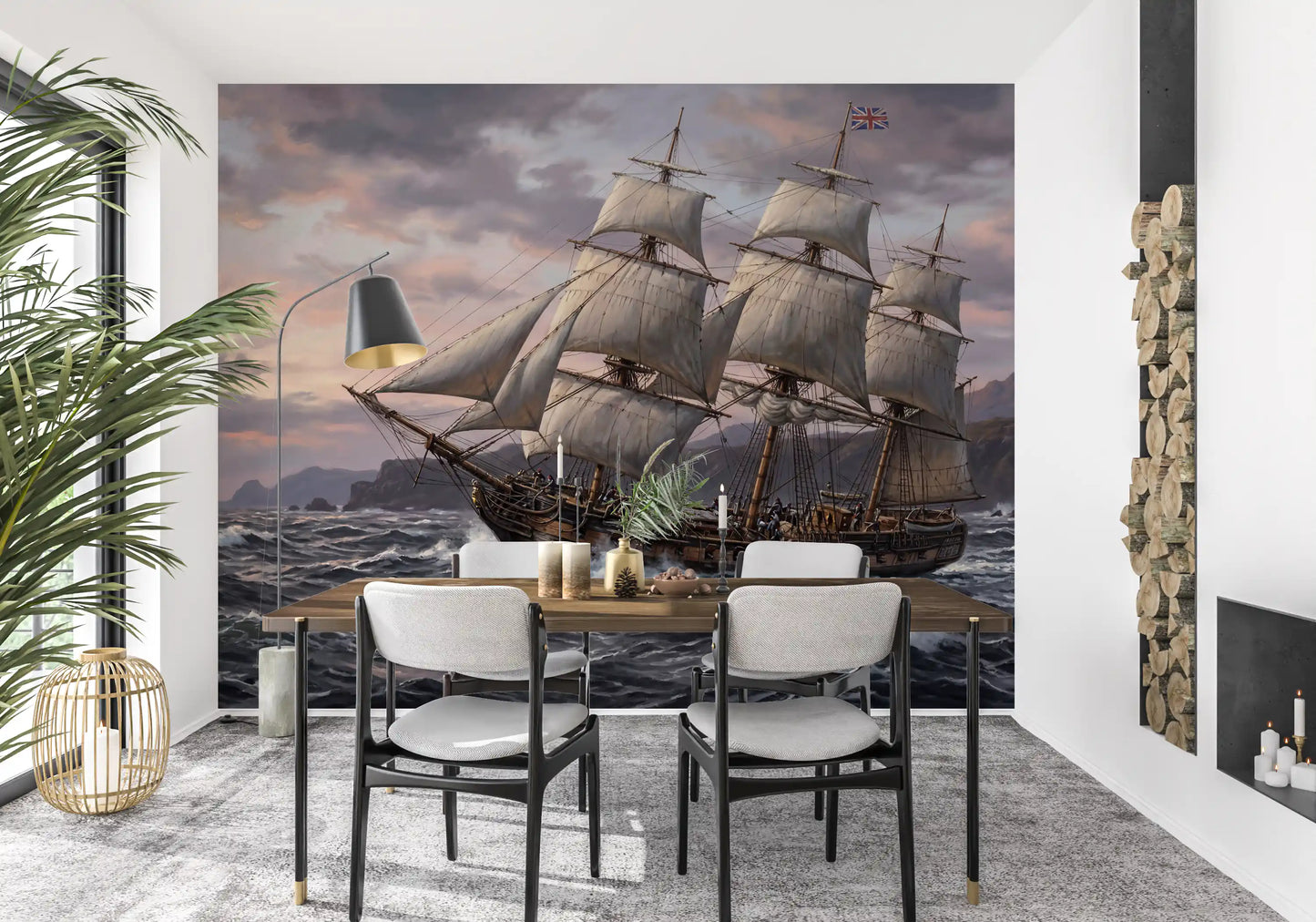 Painterly Grand Sail mural details rigging, sails, and crew on a wooden deck.