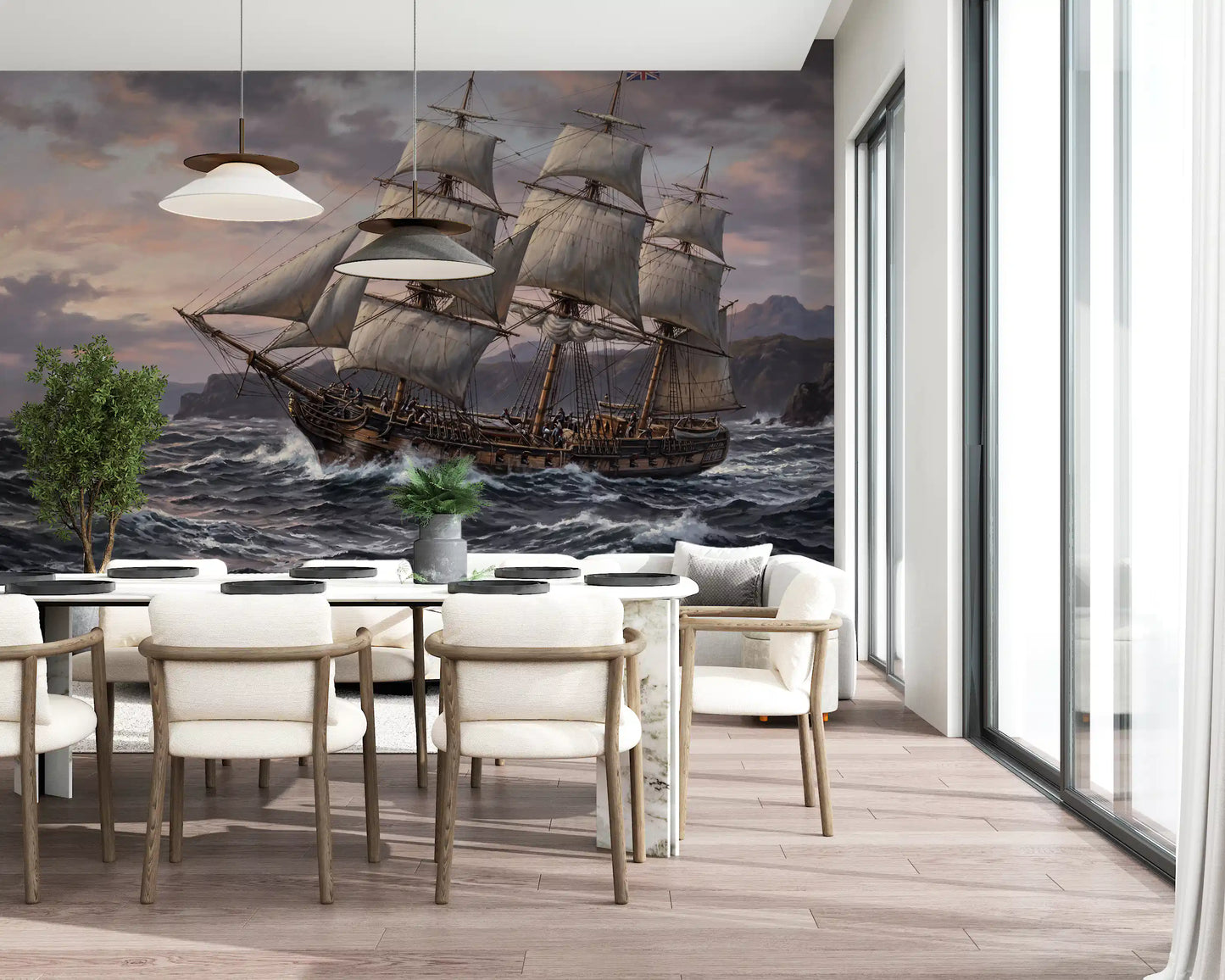 Dining room shows a tall ship wall mural with painterly sea and sky.