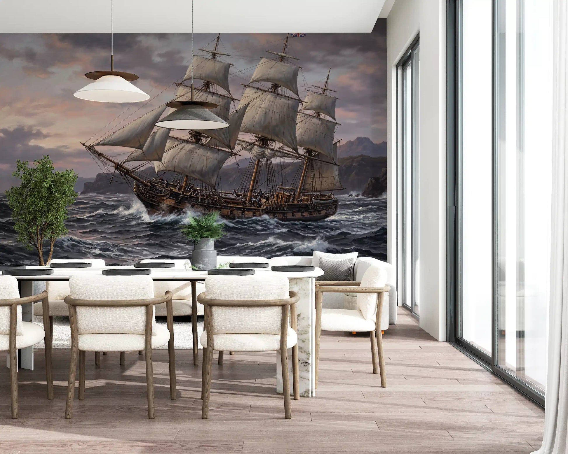 Dining room shows a tall ship wall mural with painterly sea and sky.