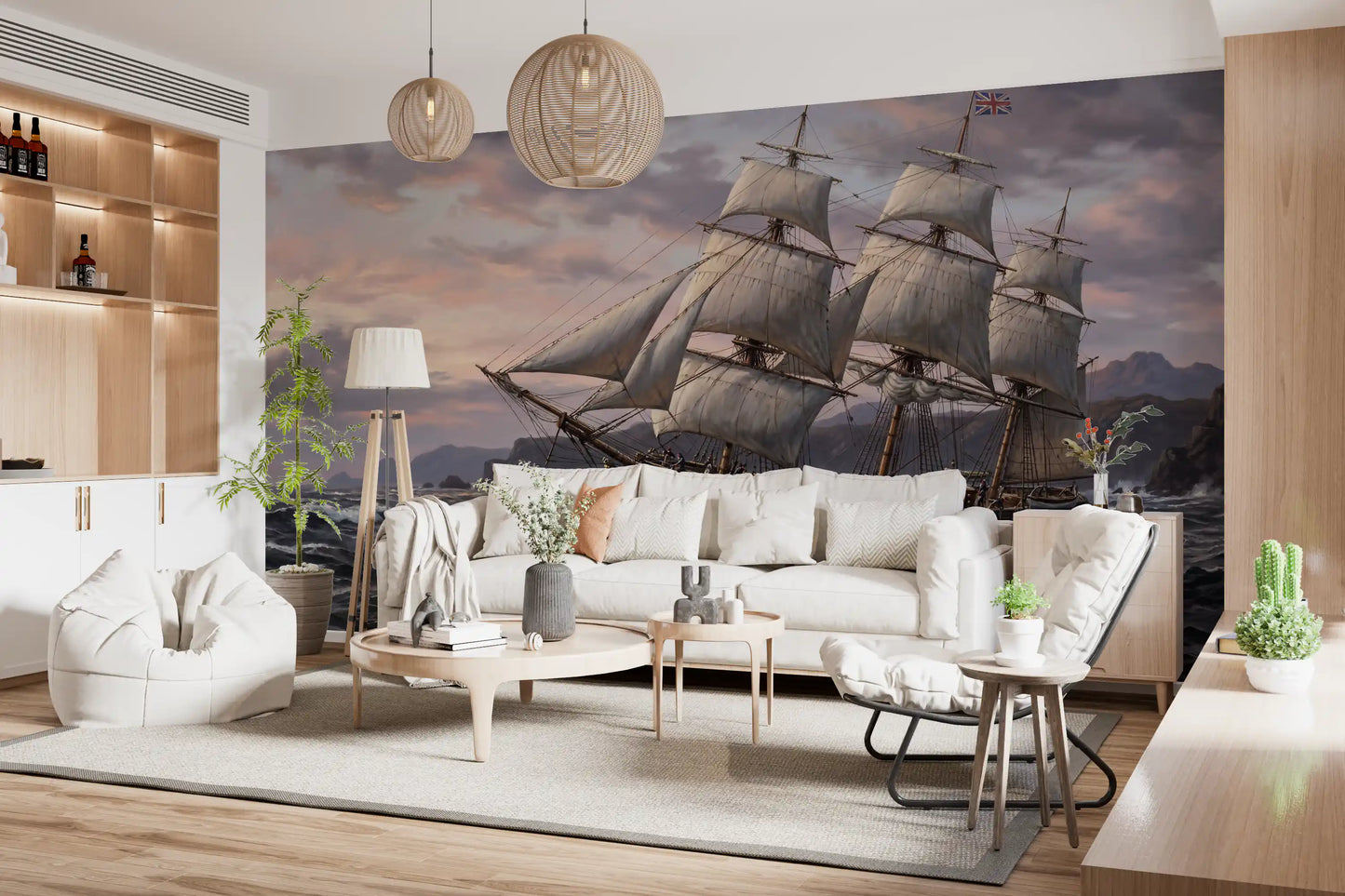 Hallway carries Ocean's Majesty mural with sweeping ocean and mountain scenery.
