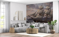 Living room backed by a Grand Sail wall mural in muted brown and rose hues.