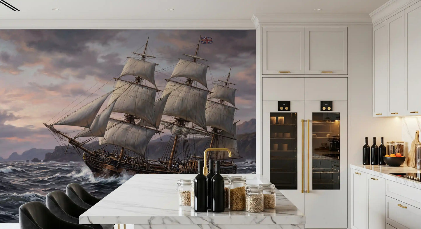 Sepia and grey waves rise beside a maritime wall mural ship in motion.