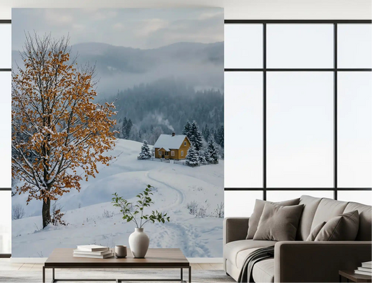 Golden tree and snowy haven wall mural set the tone in a calm green-toned living room
