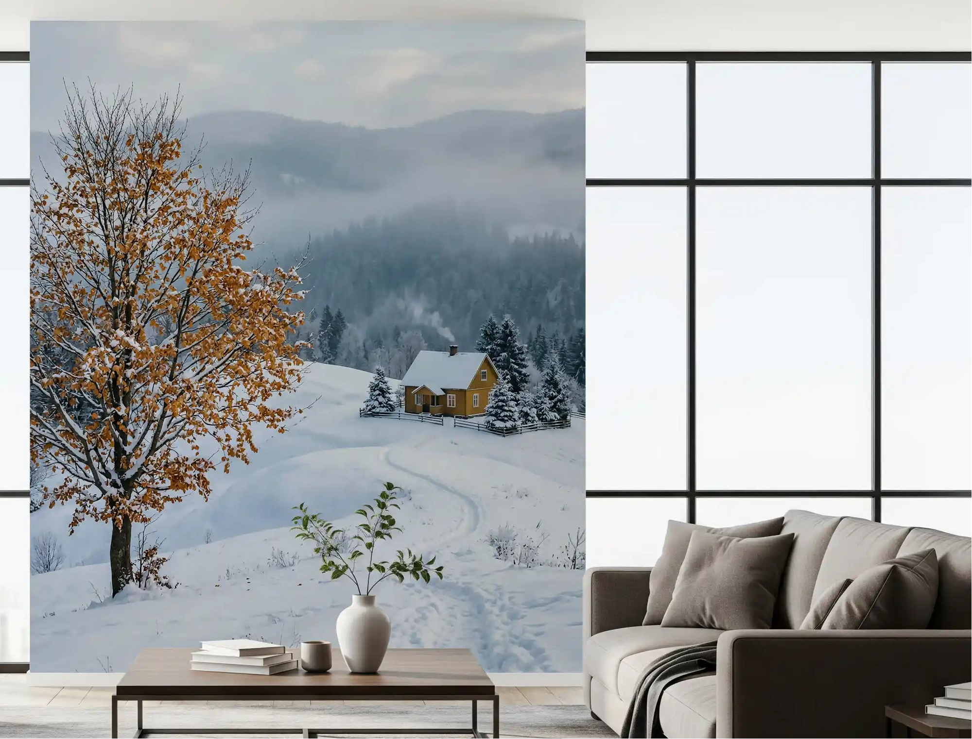 Golden tree and snowy haven wall mural set the tone in a calm green-toned living room