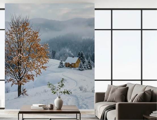 Golden tree and snowy haven wall mural set the tone in a calm green-toned living room