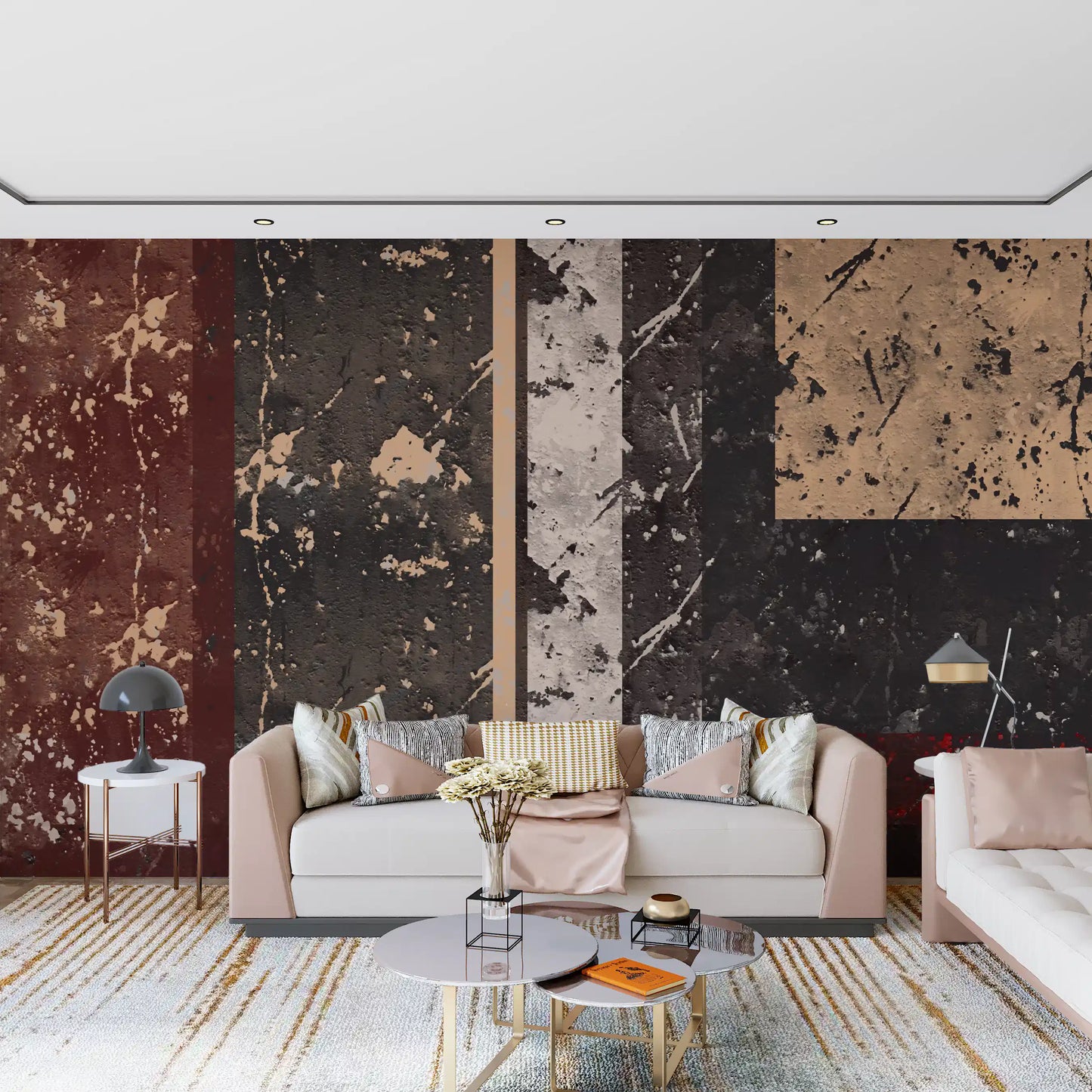 Detail view of the urban abstract mural in maroon, charcoal and cream tones