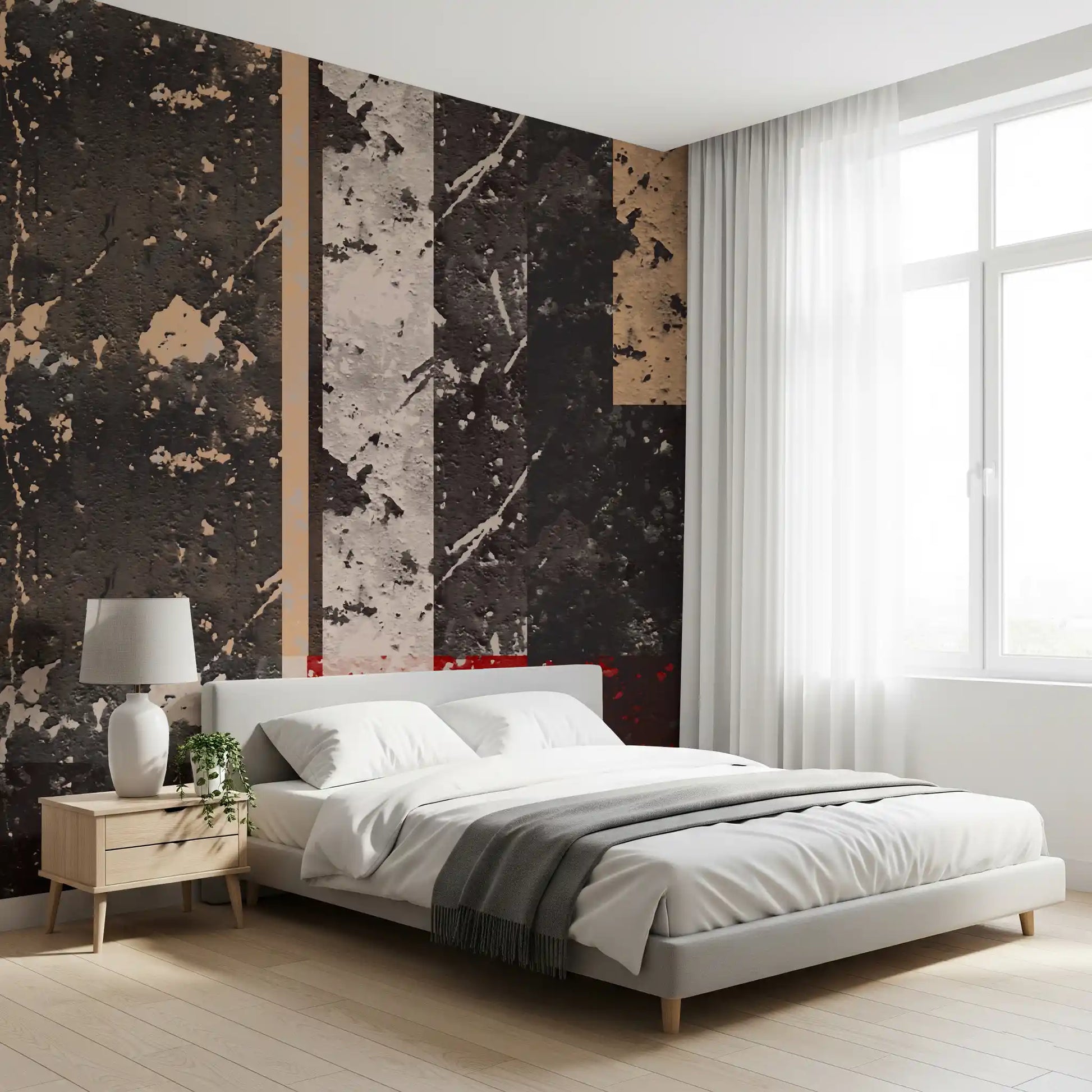 Bedroom area covered in the grunge abstract mural with vertical panels