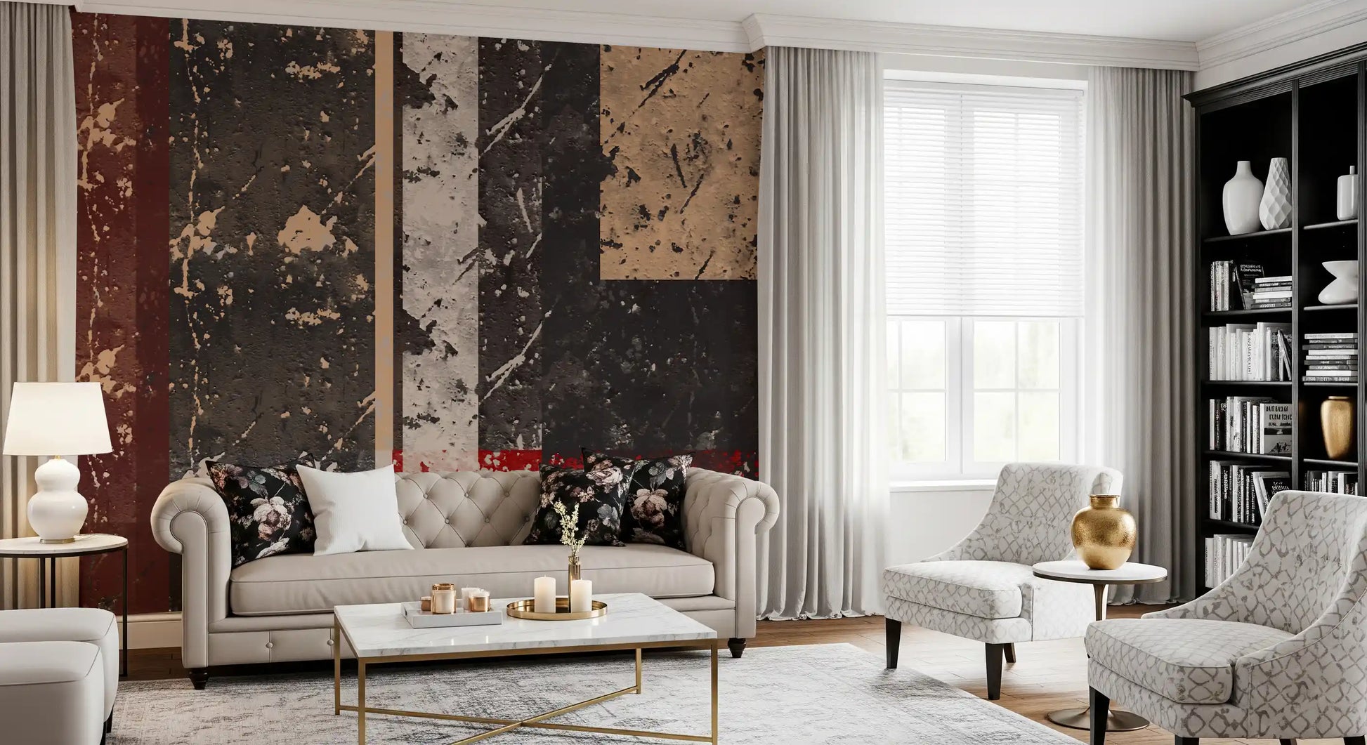 living room using the abstract grunge wall mural in red and black