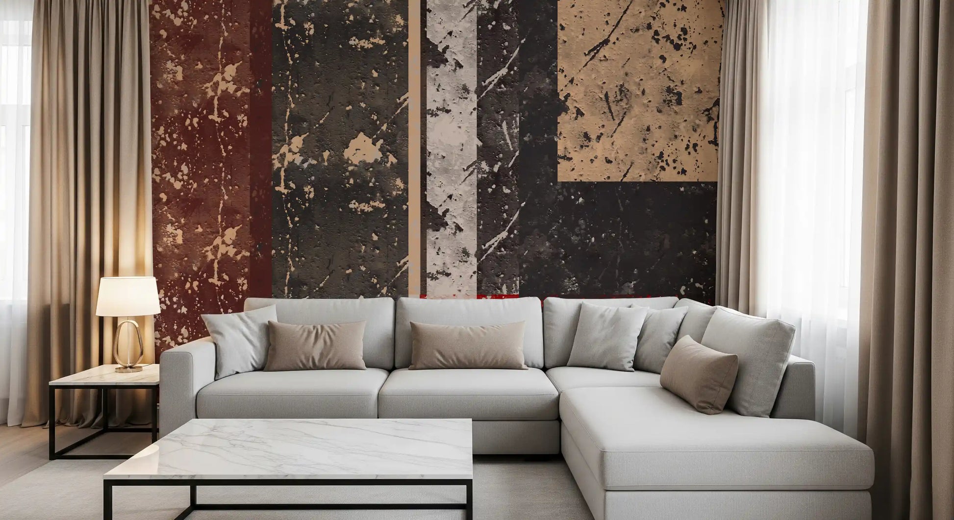 Weathered surface of the Urban Canvas wall mural in industrial color blocks