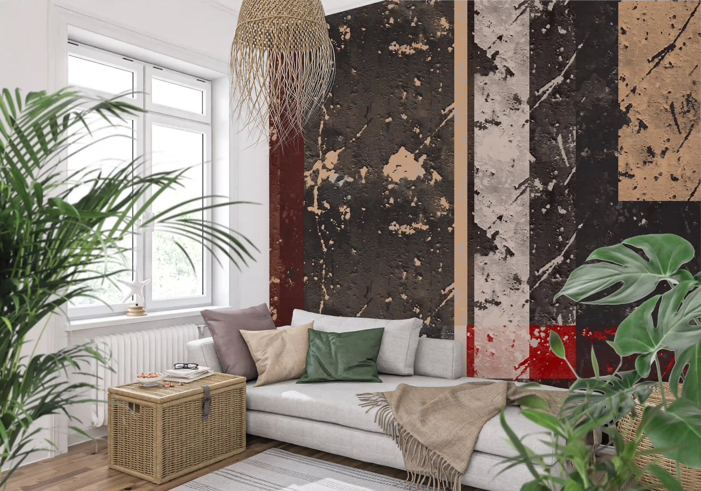 Living room corner fitted with the weathered abstract wall mural