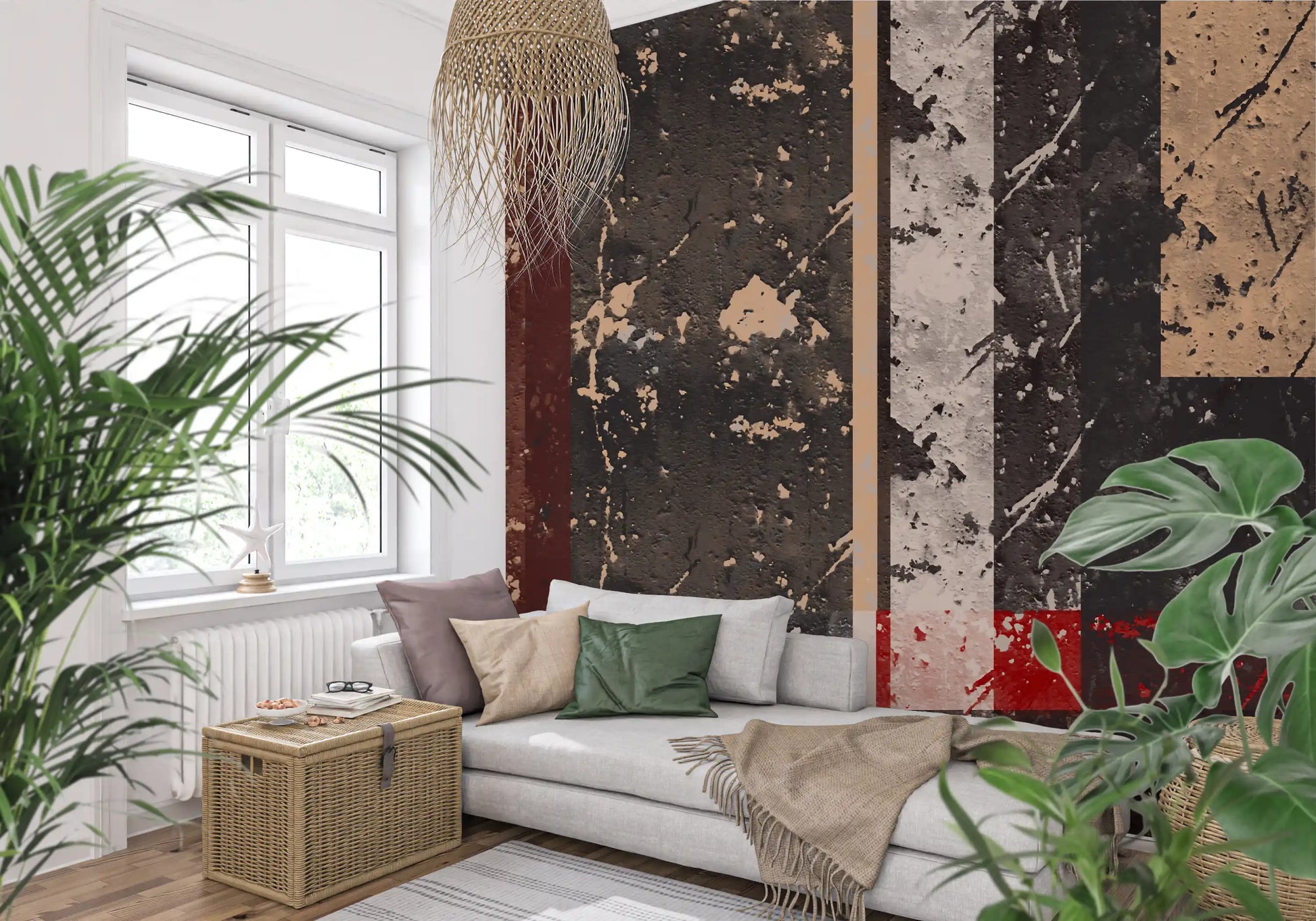 Living room corner fitted with the weathered abstract wall mural