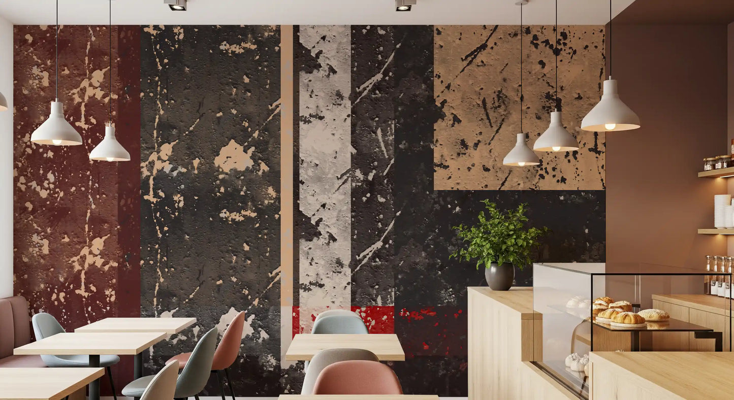 Café Sitting area showing the distressed urban mural across the back 