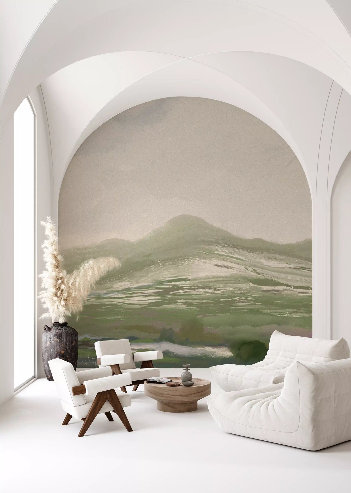 Living room feature showing the abstract landscape wall mural in sage and beige tones