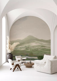 Living room feature showing the abstract landscape wall mural in sage and beige tones