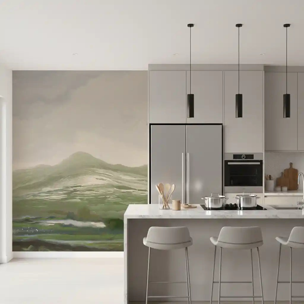 Sage abstract hills mural set on a kitchen feature in painterly meadow shades