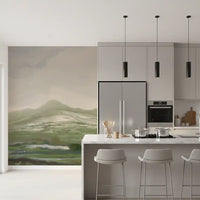 Sage abstract hills mural set on a kitchen feature in painterly meadow shades