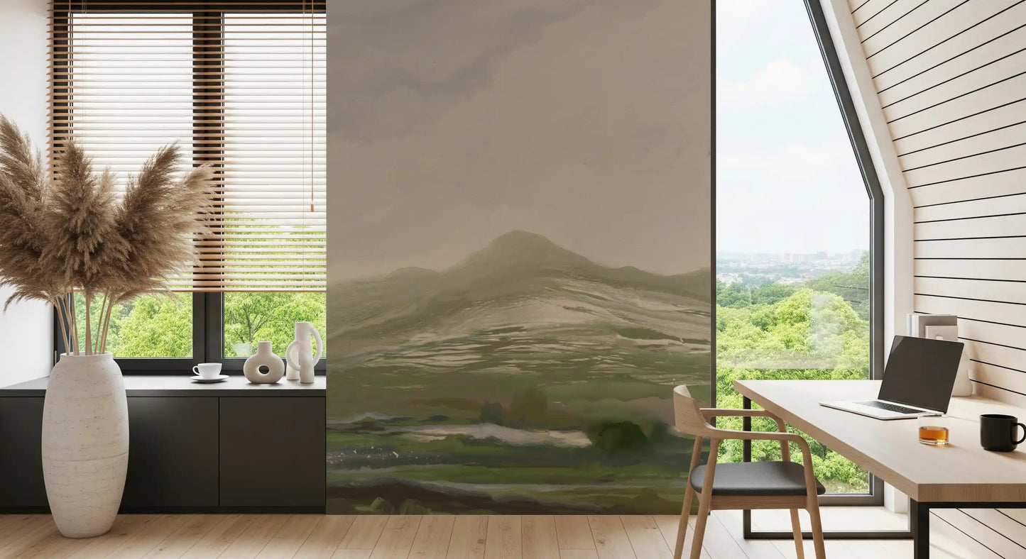 Home office area holding the pastoral landscape mural in muted watercolour hues