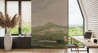 Home office area holding the pastoral landscape mural in muted watercolour hues