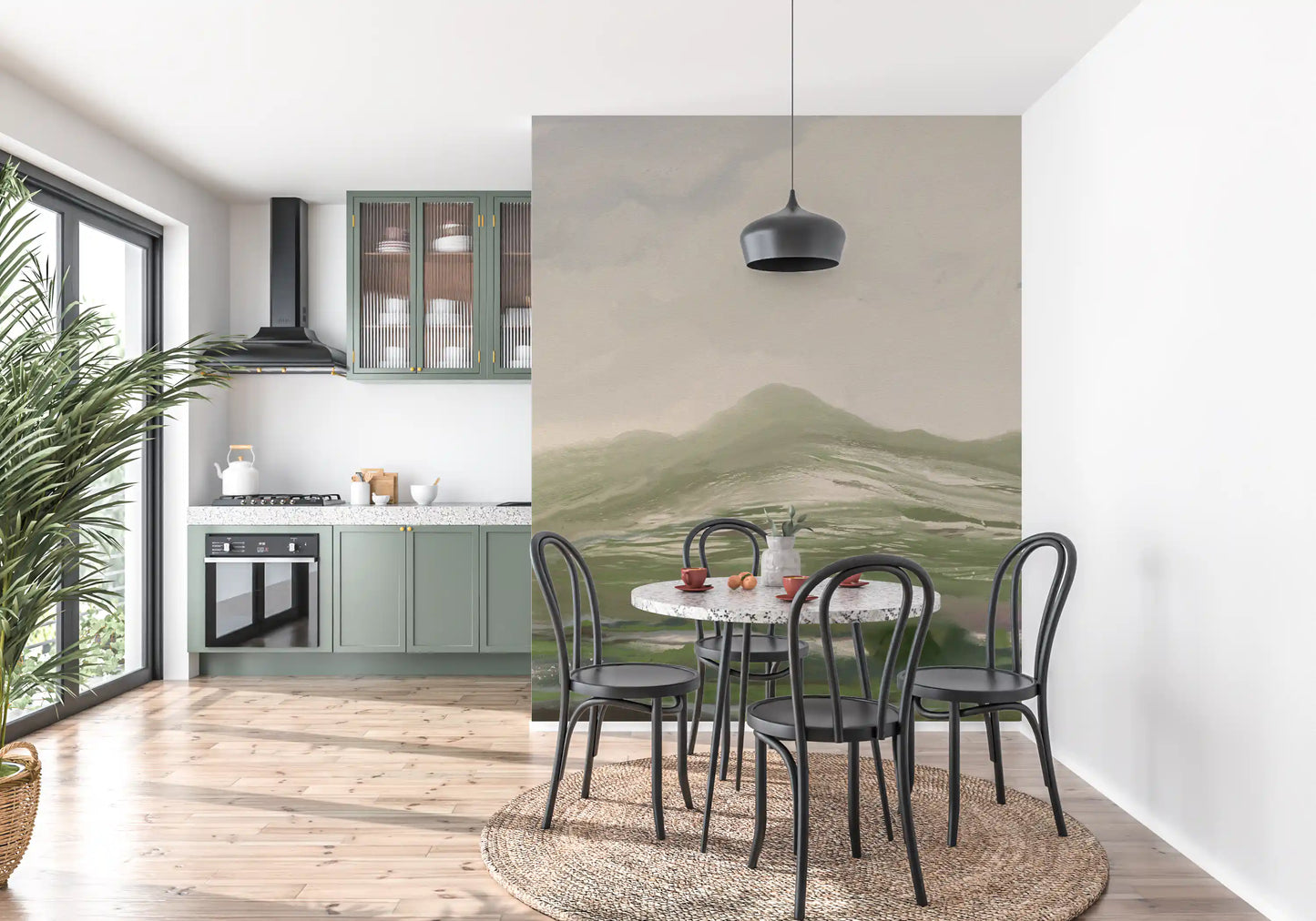Dining room styled around the painterly pastoral landscape wall mural in green